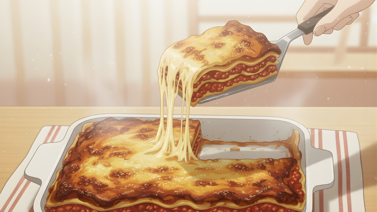 A Silent Lasagna Story - Cinematic cooking vignette with golden cheese pulls and layered pasta