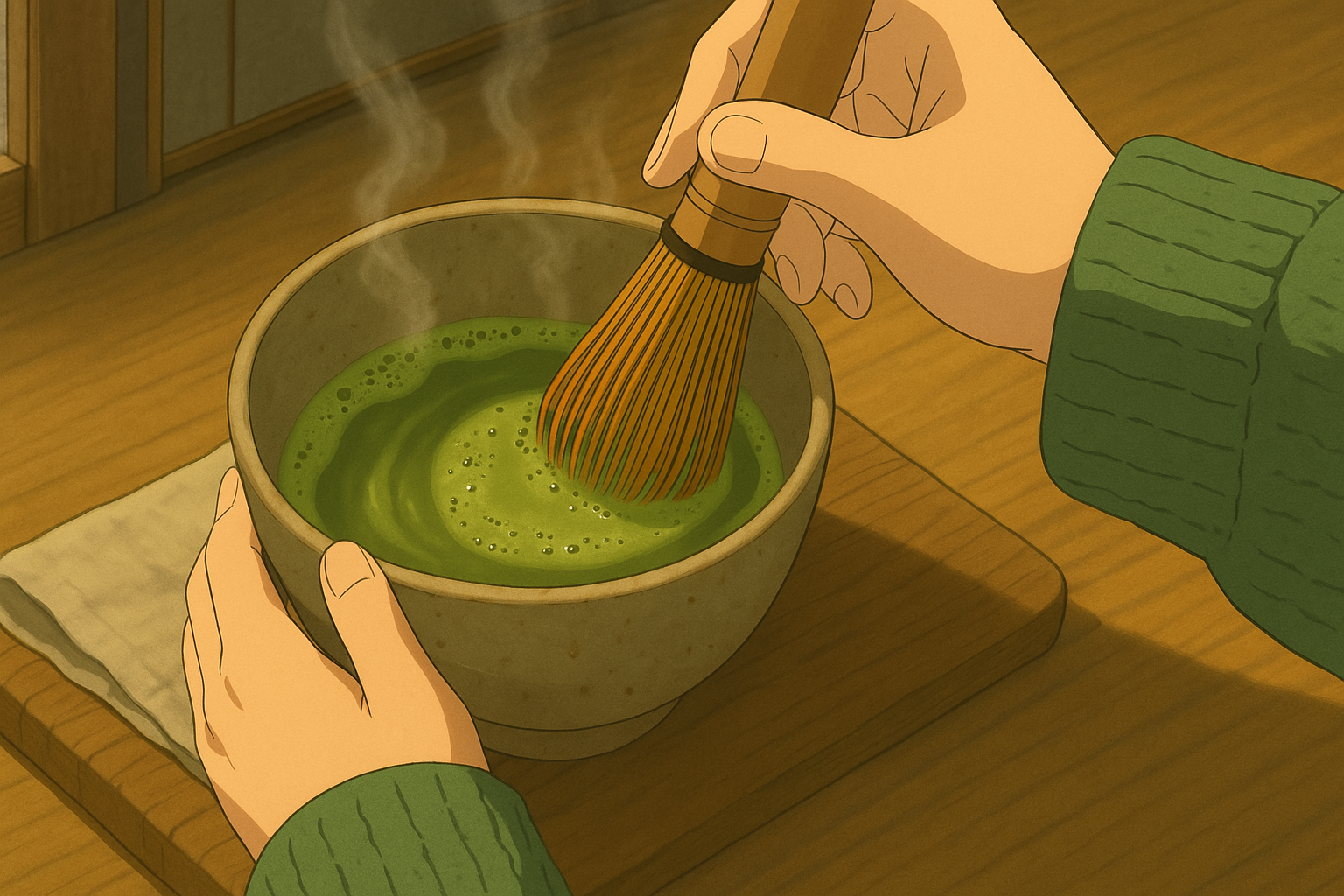 Matcha Mornings - Serene morning ritual with whisked matcha tea and soft lighting