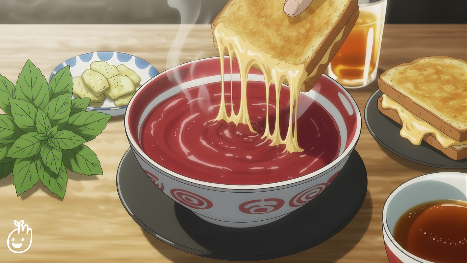 Tomato Soup & Grilled Cheese - Cozy anime-style kitchen with simmering soup and golden grilled cheese