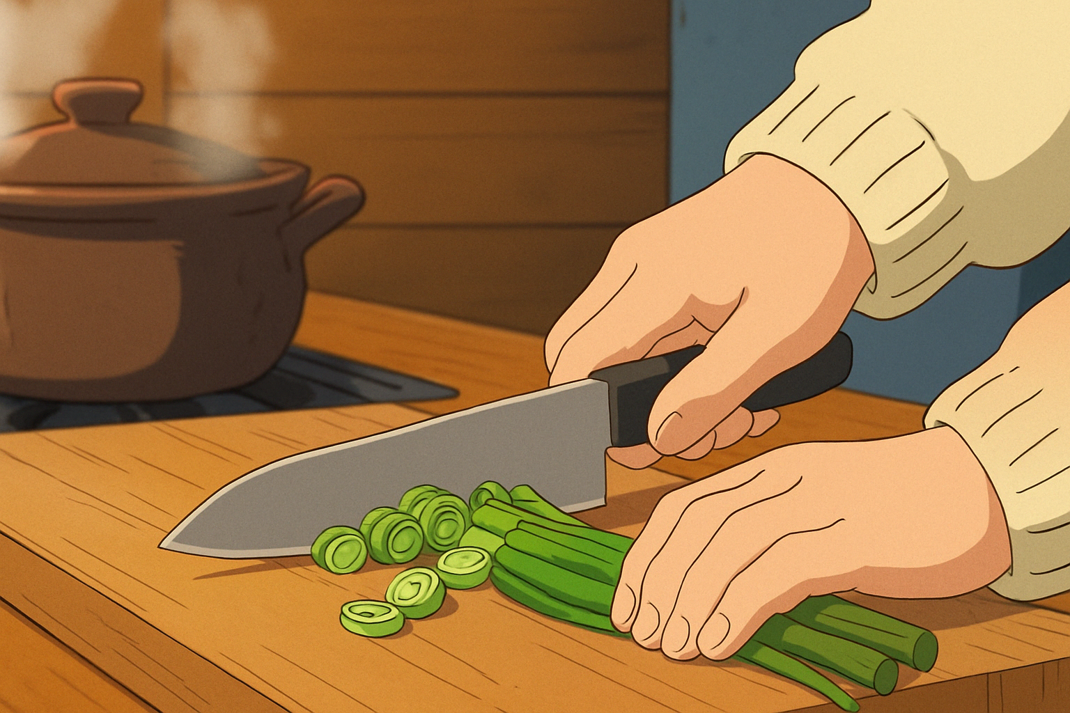 Winter Miso Soup - Cozy kitchen scene with simmering miso broth and scallions